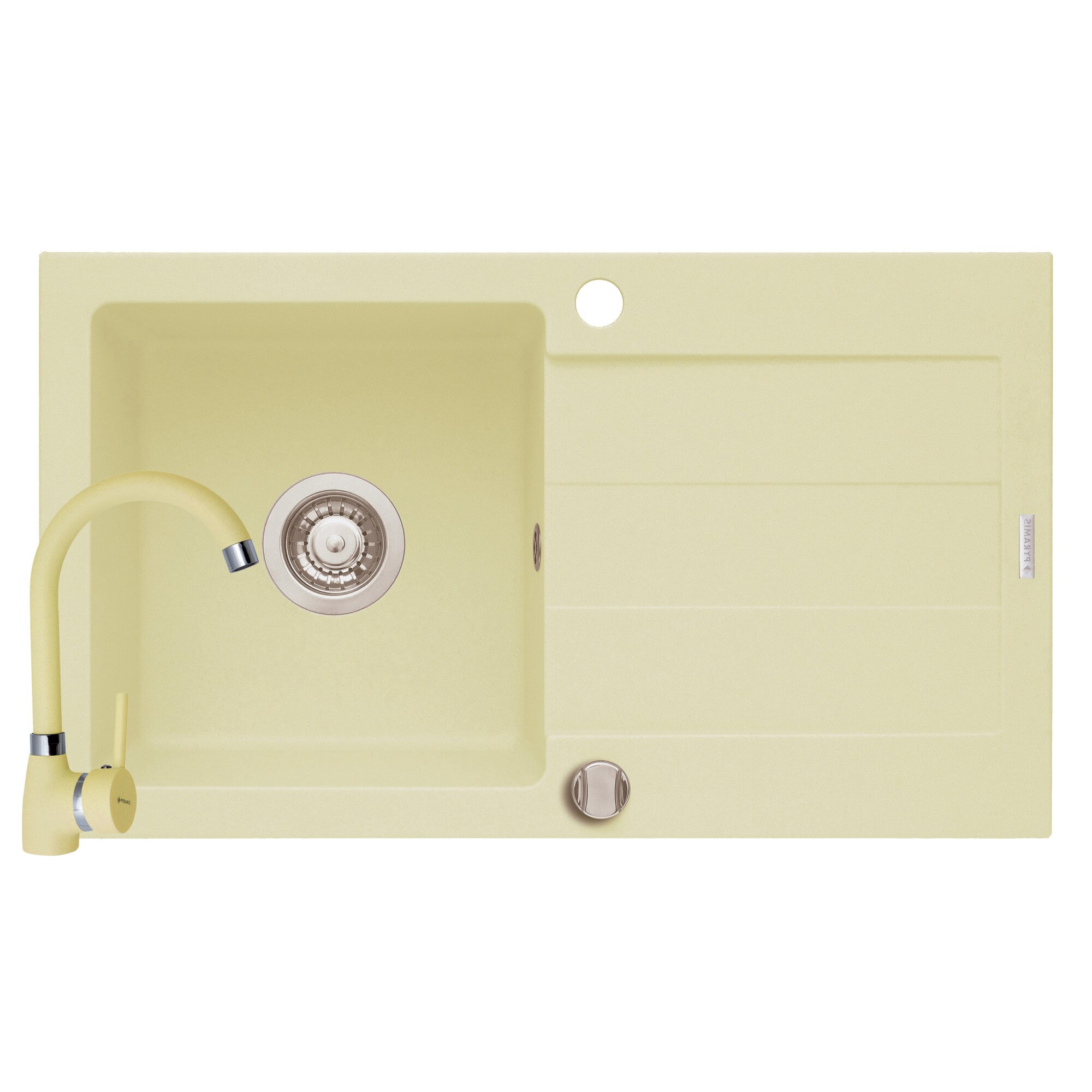 Set Pyramis chiuveta ALYA si baterie BELLO, dimensiune 760x440mm, adancime 170mm, reversibila, pipa inalta, finisaj Pyragranite crem