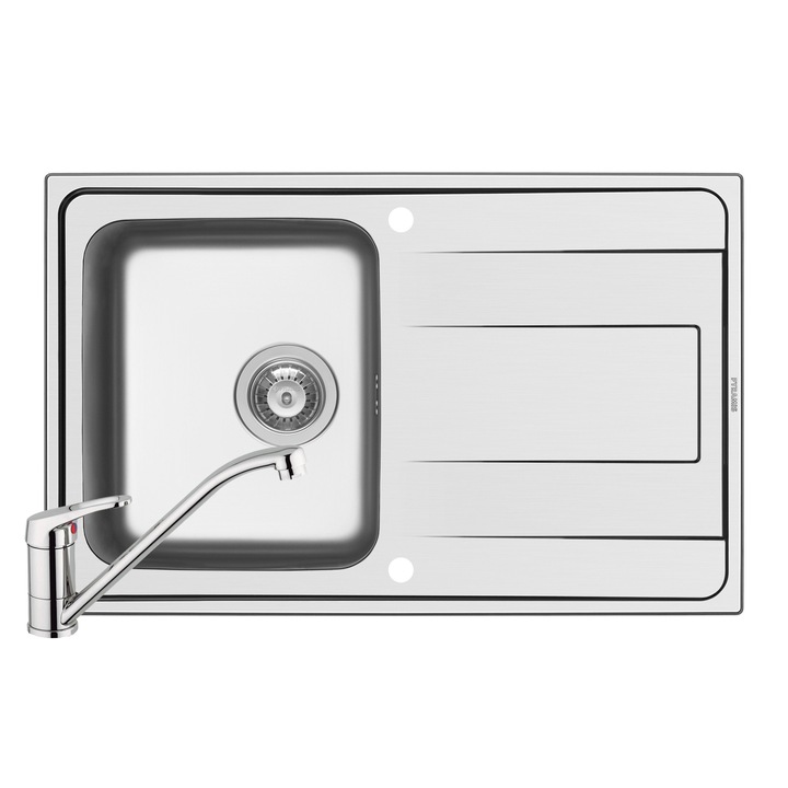 Pyramis szett ALEA mosogató és ACCEL csaptelep, 1 tál 1 csepegtető, 790x500 mm, mélység 180 mm, megfordítható, hosszú kifolyó, fényes rozsdamentes acél és króm bevonat