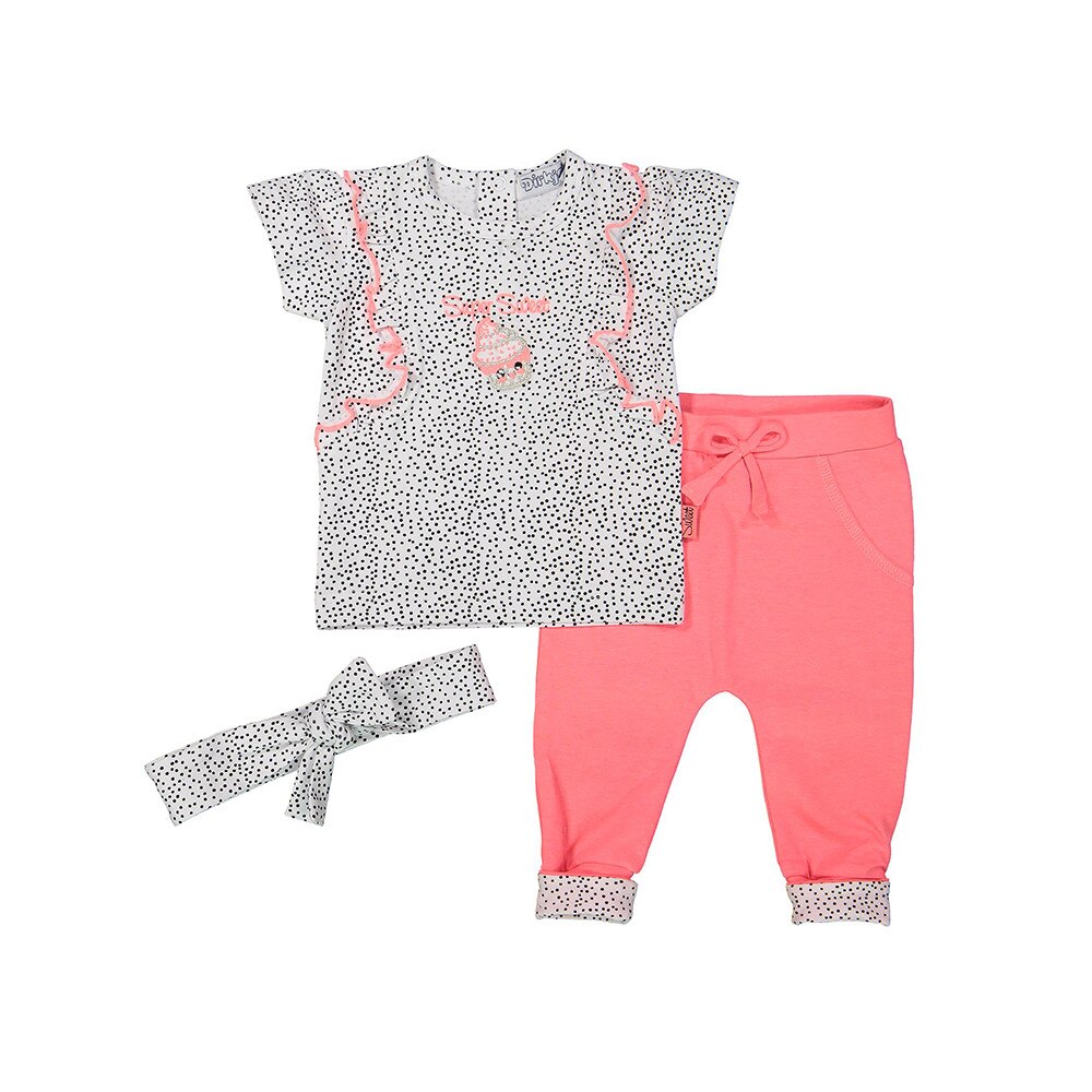 Set 2 piese bebelusi, bluza cu volanse, pantaloni si bentita, Dirkje, Alb/Roz