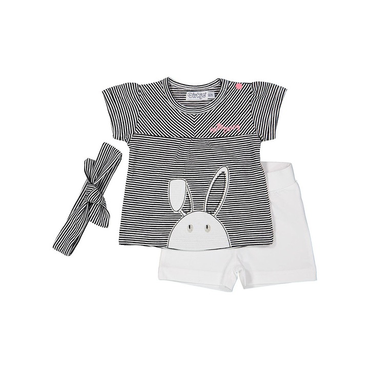 Set bebe 2 piese, Dirkje, tricou+pantaloni+bentita, alb/negru, 62 cm
