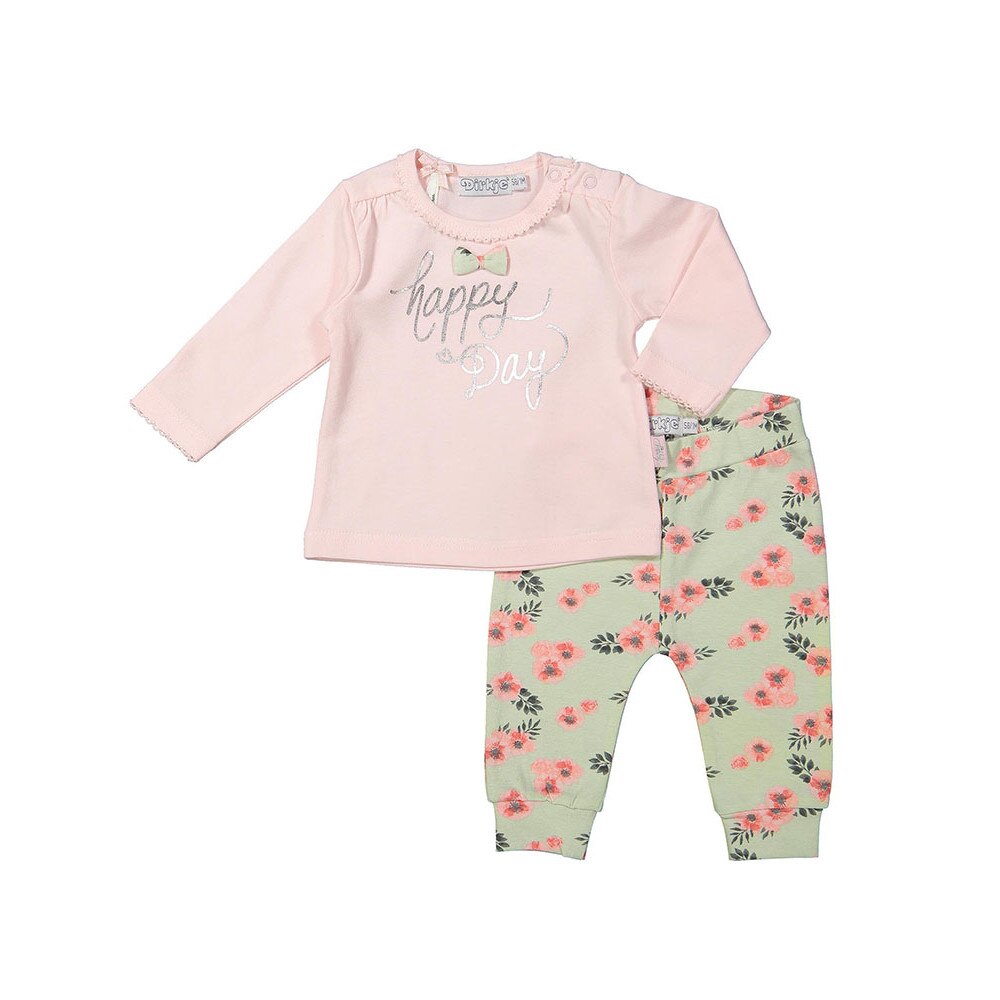 Set 2 piese bebelusi, bluza si pantaloni, Dirkje, imprimeu floral, Roz/Verde