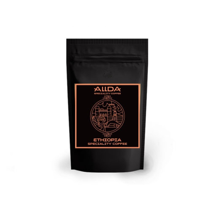 Кафе на зърна ALLDA Speciality Coffee Ethiopia, 100 % арабика, с висока киселинност, цветни нотки и цитрусови аромати, напомнящи портокал и бергамот, послевкус на плодове и подправки, 500 гр