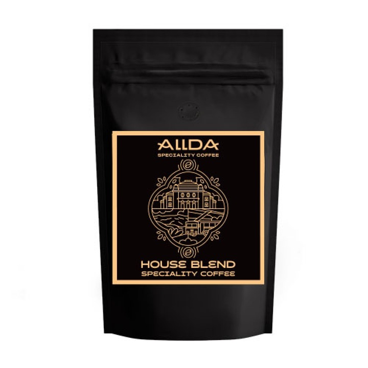 Кафе на зърна ALLDA Speciality Coffee House Blend, 100 % арабика, с вкус на портокал и млечен шоколад, последван от стафиди и подправки, 500 гр