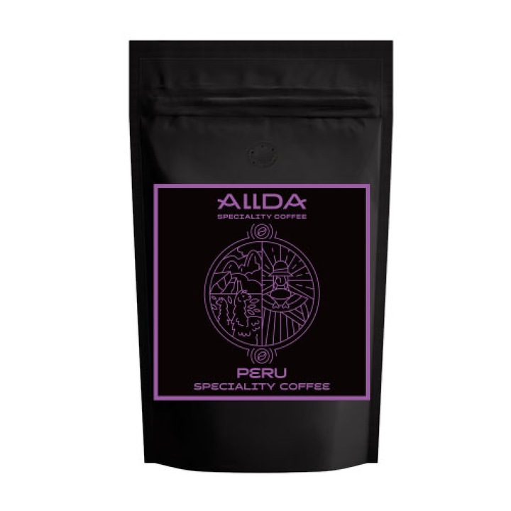 Кафе на зърна ALLDA Speciality Coffee Peru, 100 % арабика, с ниска киселинност и вкус на тъмно какао, нотки на малц и карамел, орехи и печен кестен, 500 гр