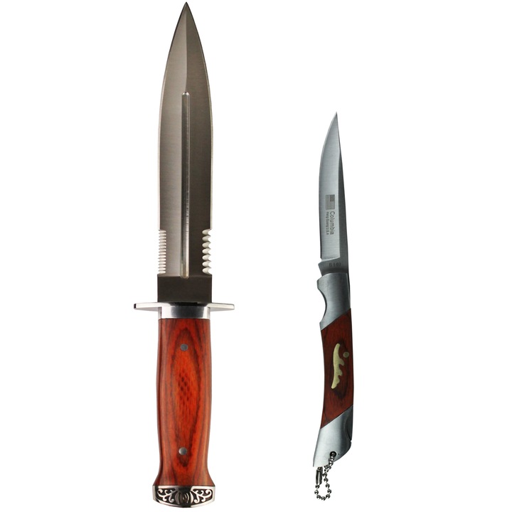 Pachet Cutit tip Boioneta cu lama dubla 32.5 cm teaca inclusa + Briceag elegant de buzunar 18 cm