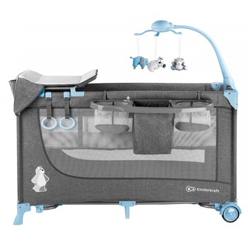 Patut pliant Kinderkraft Joy, 2 nivele si accesorii, Gri/Albastru Patut pliant Kinderkraft Joy, 2 nivele si accesorii, Gri/Albastru