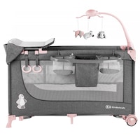 Patut pliant Kinderkraft Joy, 2 nivele si accesorii, Gri/Roz