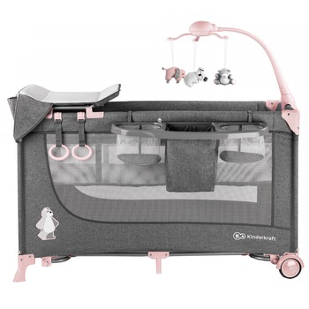 Patut pliant Kinderkraft Joy, 2 nivele si accesorii, Gri/Roz Patut pliant Kinderkraft Joy, 2 nivele si accesorii, Gri/Roz