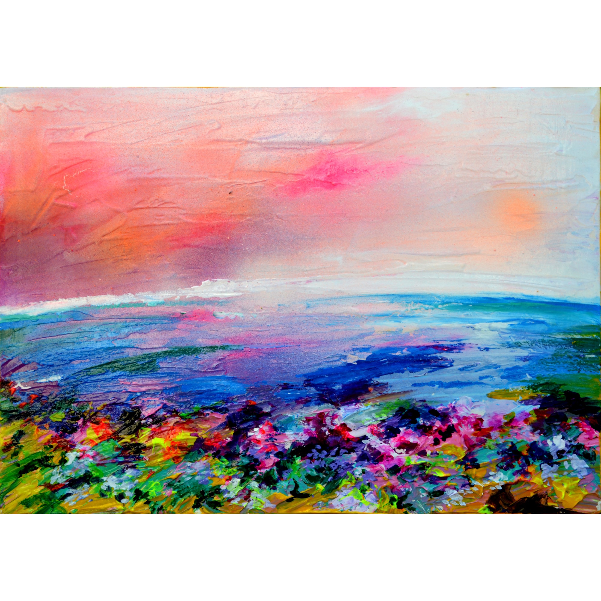 Tablou floral, pictura cu flori si mare pe panou gros din lemn, modern, unicat, original Blossoming Shore, 42X30x4 cm, pictor Soos Roxana