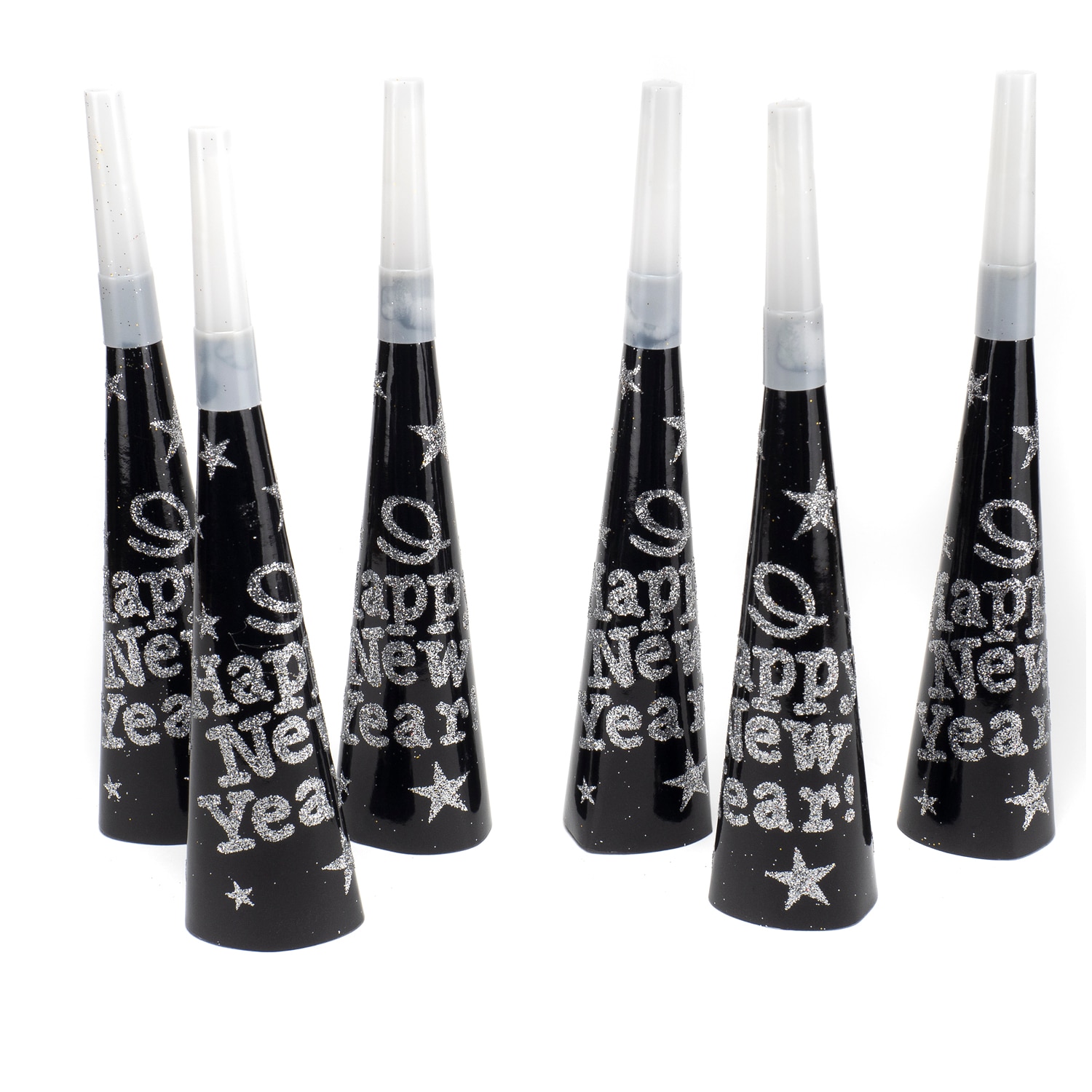 Set Eventy 6 trompete petrecere negru-argintiu, 19 cm