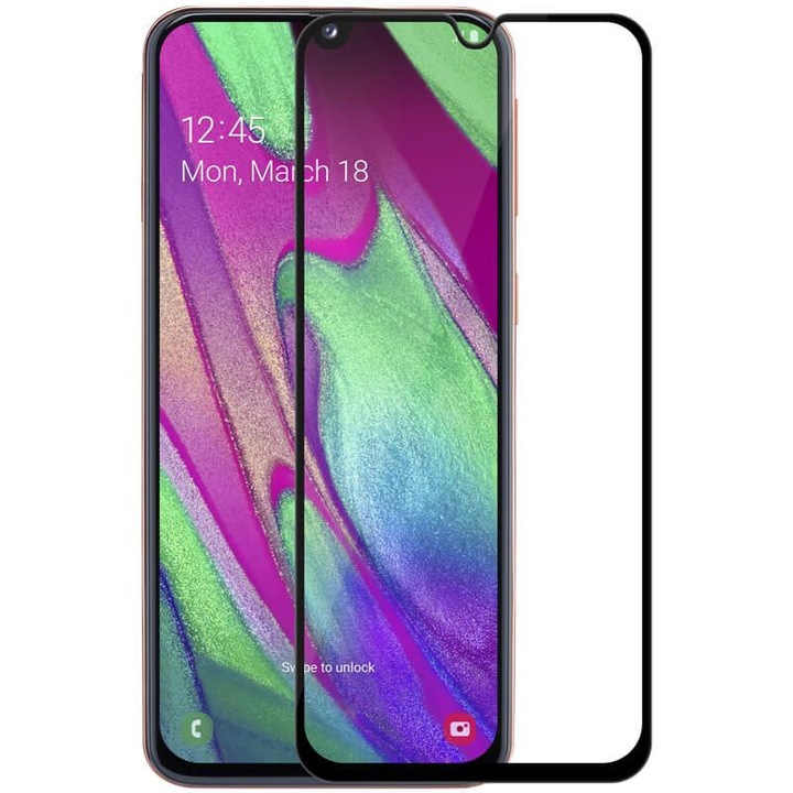 SAMSUNG Galaxy A20 kompatibilis védőfólia, fekete 3D-s rögzített üvegfólia, TELJES KÉPERNYŐ, Edzett üveg, ütésálló, Viceversa