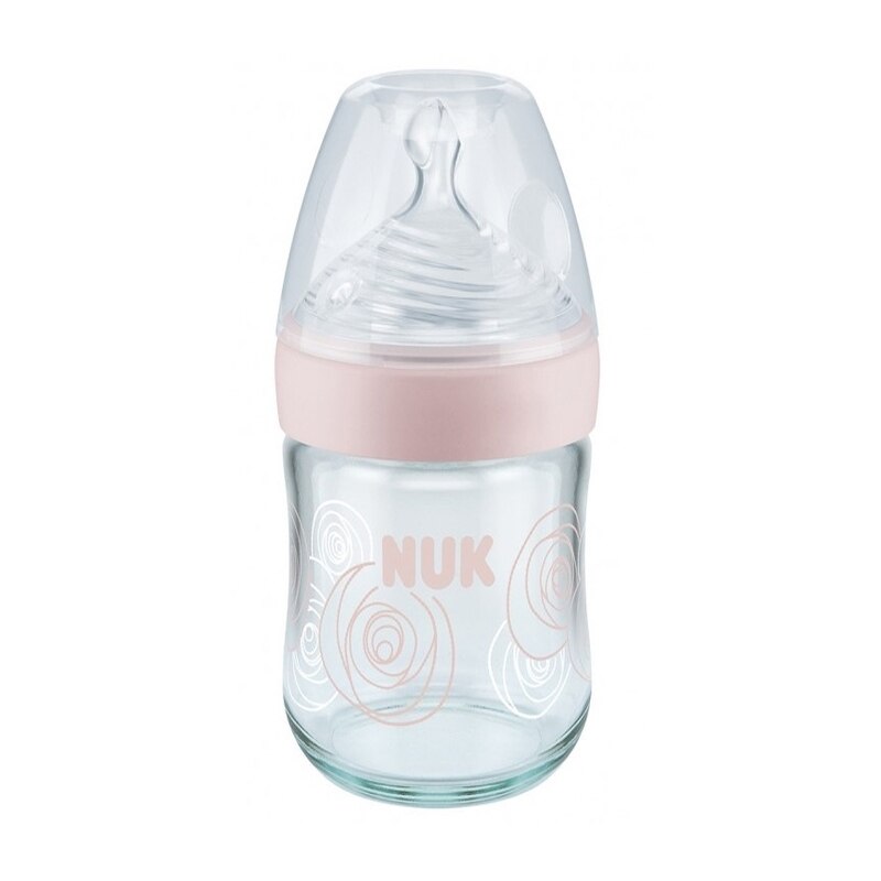 Biberon din sticla cu tetina din silicon 240 ml 0-6 luni Nuk Nature Sense 745093R, Roz