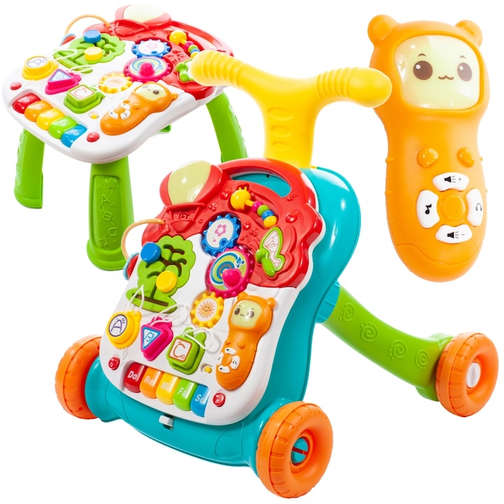ISP Musical Stroller bébikomp, 5 az 1-ben, interaktív, levehető interaktív asztallal, fényekkel és hangokkal, több érzékszervi játékmóddal, többszínű