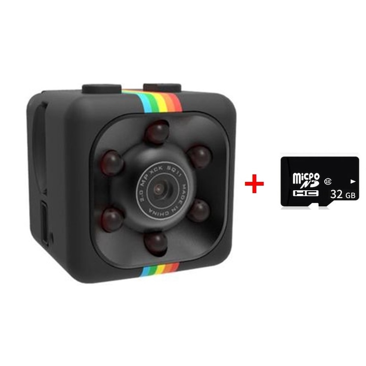 Мини шпионска камера, Модел SQ11, super mini, 1080p, Карта памет 32 GB, Черен