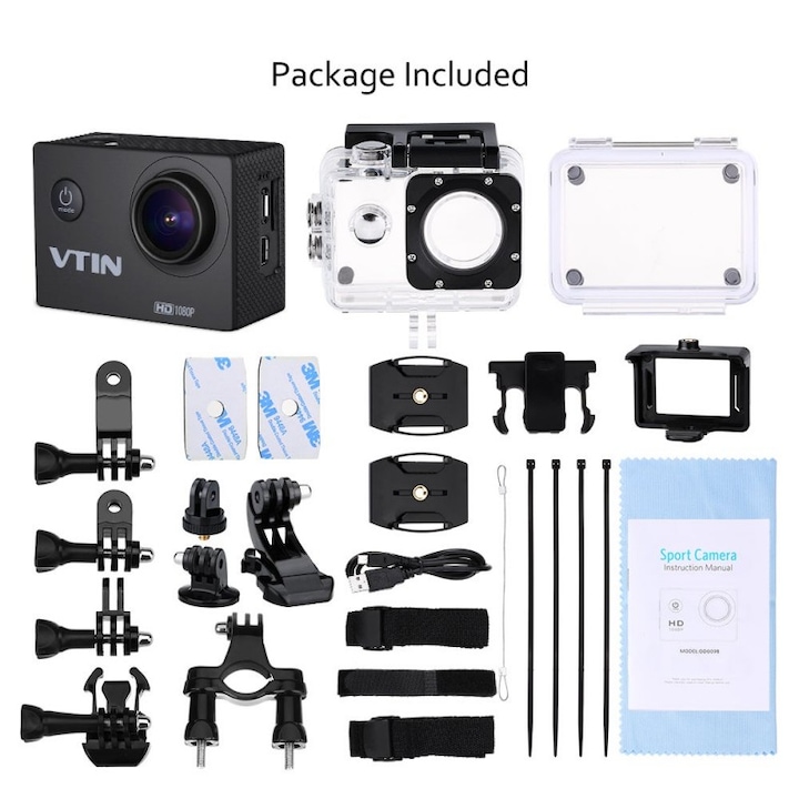 Спортна Видеокамера VTIN VNOD009AB, 2" LTPS LCD, Full HD, 12MP, Водоустойчива, Аксесоари