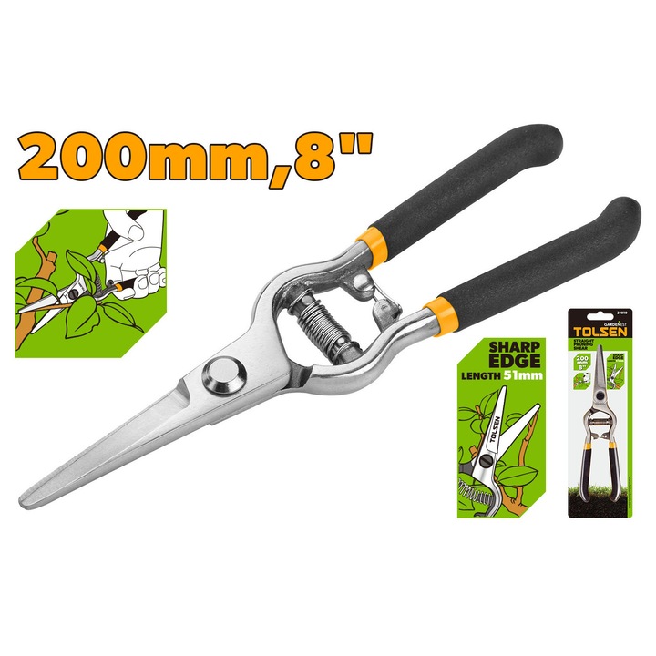 Foarfeca de gradina dreapta GARDENEST by TOLSEN 200 mm (8"), polizat oglinda, maner inclinat, utilizare confortabila si precisa