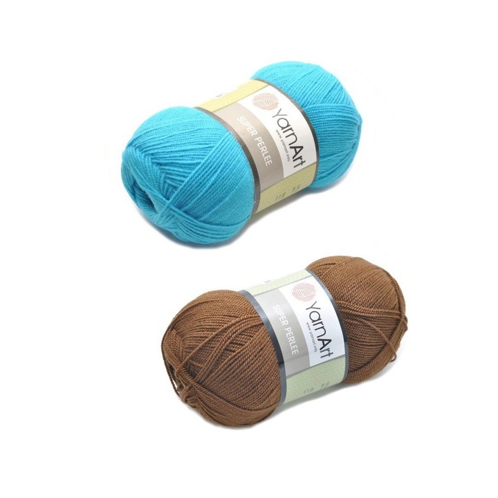Pachet fir tricotat Super Perlee, Yarn Art, 2 bobine, Acril, 2 x 400 m, culoare Maro deschis 05+Albastru 45