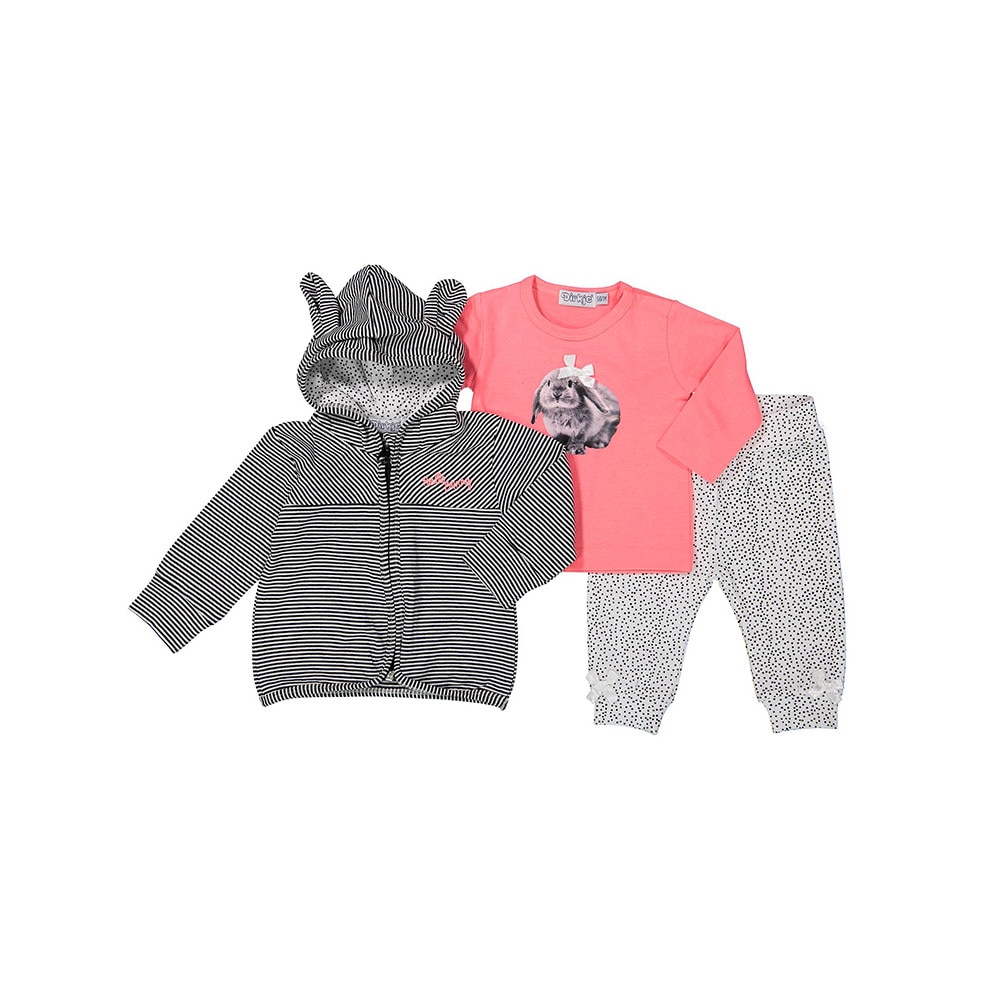 Set 3 piese bebelusi, hanorac, bluza si pantaloni, Dirkje, cu imprimeu, gri/roz
