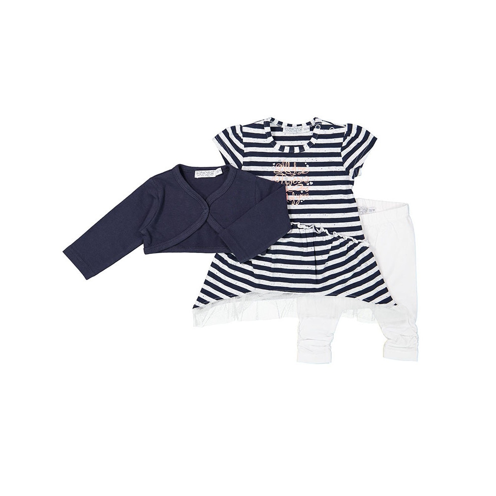 Set 3 piese bebelusi, bolero, rochie cu dungi si pantaloni, Dirkje, alb/bleumarin