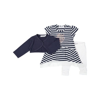Set 3 piese bebelusi, bolero, rochie cu dungi si pantaloni, Dirkje, alb/bleumarin Set 3 piese bebelusi, bolero, rochie cu dungi si pantaloni, Dirkje, alb/bleumarin