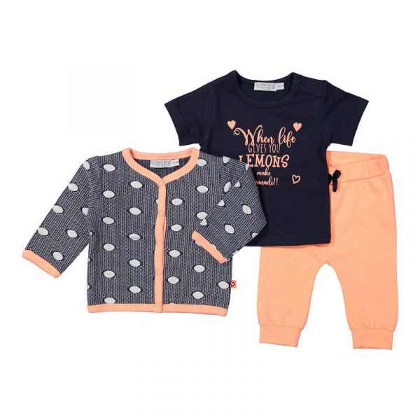 Set 3 piese bebelusi, cardigan, tricou si pantaloni, Dirkje, portocaliu/bleumarin