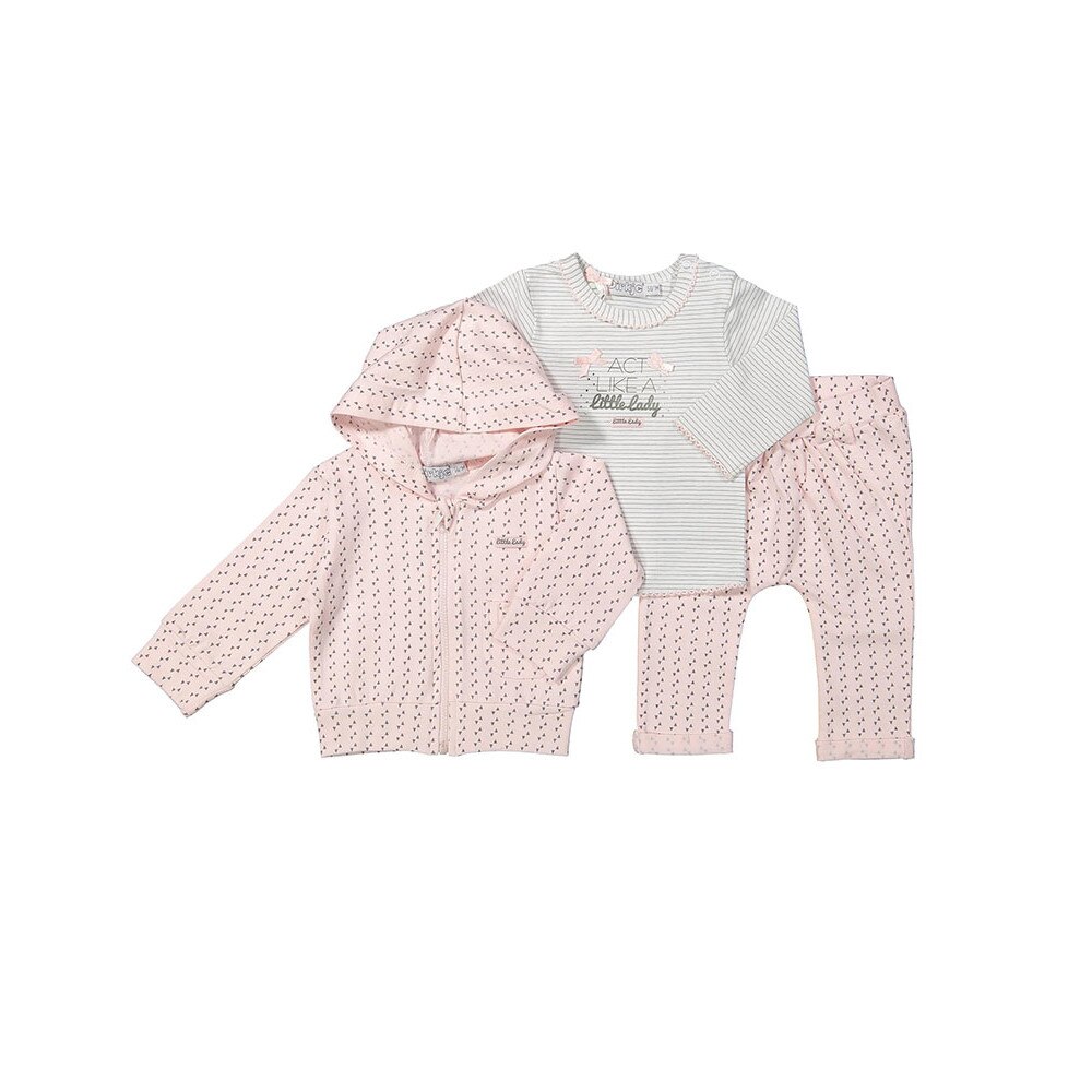 Set 3 piese bebelusi, cardigan, bluza si pantaloni, Dirkje, cu imprimeu, alb/roz