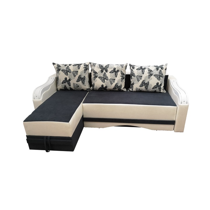 Coltar extensibil Mini Ornament, MobAmbient, Gri cu Alb, material textil si piele ecologica, extensie 140 cm din plasa de arcuri tip relaxa, 2 lazi de depozitare, 3 perne mari incluse, 230 x 150 cm