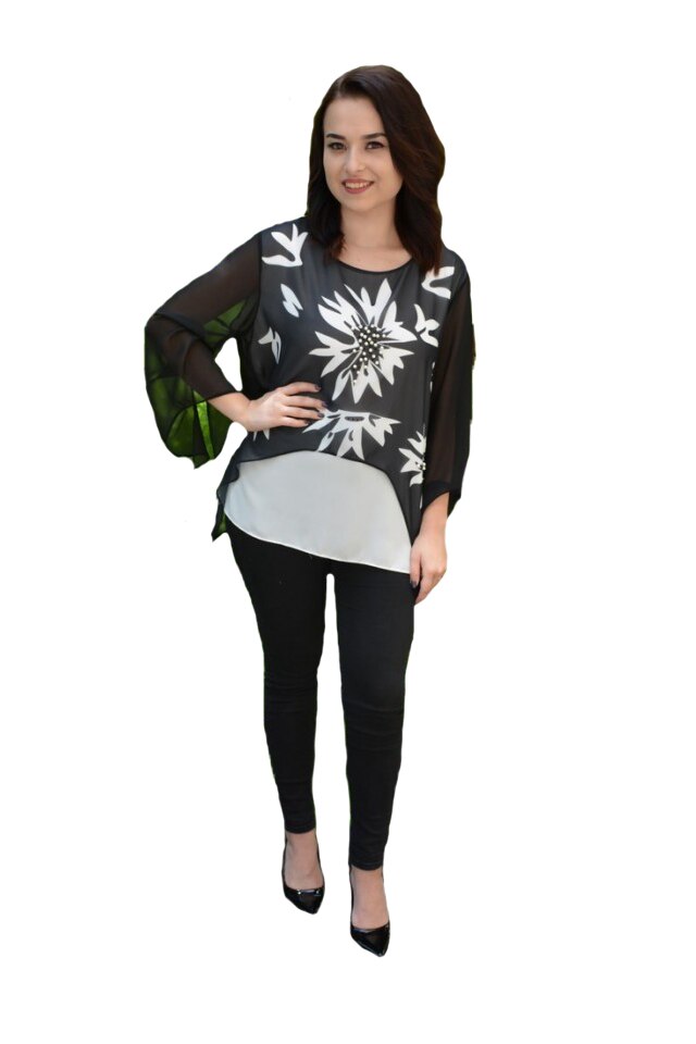 Bluza Adriena de ocazie,model floral,D&J Exclussive, Bleumarin-Alb