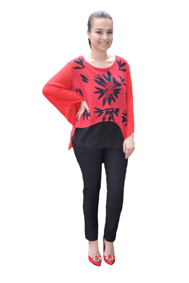 Bluza Adriena de ocazie,model floral,D&J Exclussive, negru-rosu