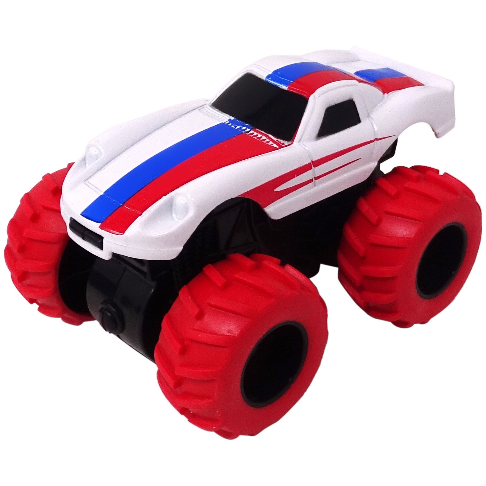 Masinuta Diecast, metalica, Alb cu dungi rosii si albastre