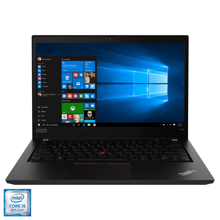 Laptop ultraportabil Lenovo ThinkPad T490 cu procesor Intel® Core™ i5-8265U pana la 3.90 GHz, Whiskey Lake, 14", Full HD, IPS, 8GB, 256GB SSD, Intel® UHD Graphics 620, Windows 10 Pro, Black