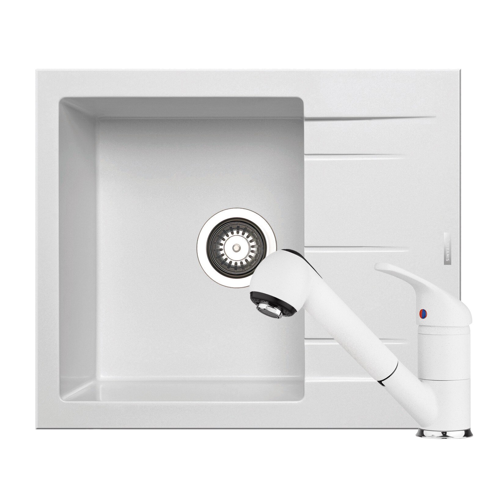 Pachet chiuveta + baterie de bucatarie Pyramis ALAZIA 590x500mm, adancime cuva 200mm, reversibila, baterie FESTIVO, montare pe blat, finisaj snow