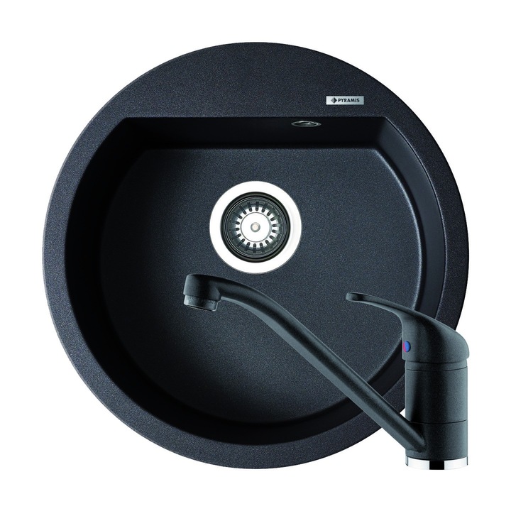 Pachet chiuveta + baterie de bucatarie Pyramis ALAZIA Ø51mm, adancime cuva 200mm, reversibila, baterie MODO, montare pe blat, finisaj carbon
