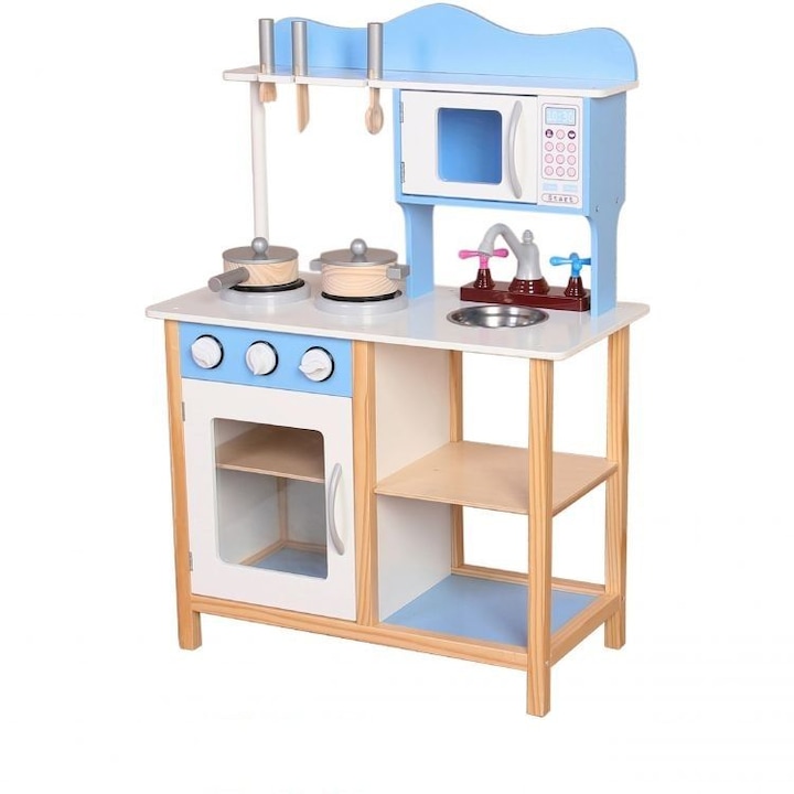 ISP EcoToys Komplett játékkonyha gyerekeknek, Mikrohullámú sütő, mosogató, főzőlap, sütő és számos tartozék, Multifunkcionális, Természetes fa, Prémium kivitel, Magasság 85 cm, Kék