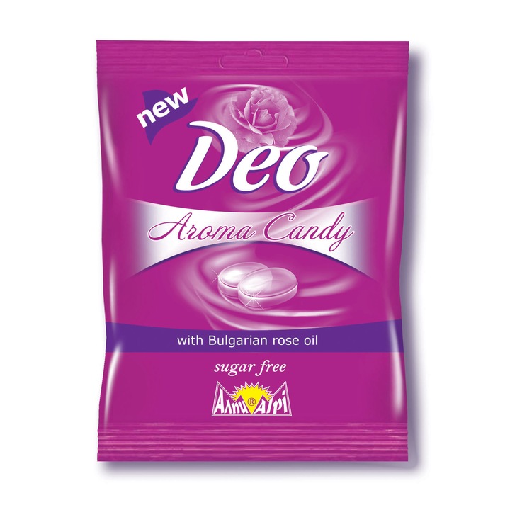 Ароматизиращи твърди бонбони DEO - aroma candy, с розово масло, без захар, пакет 60 гр.