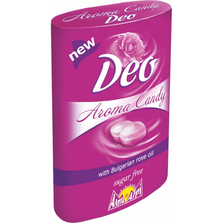 Aроматизиращи твърди бонбони DEO – aroma candy, с розово масло, без захар, 44 гр. в метална кутия