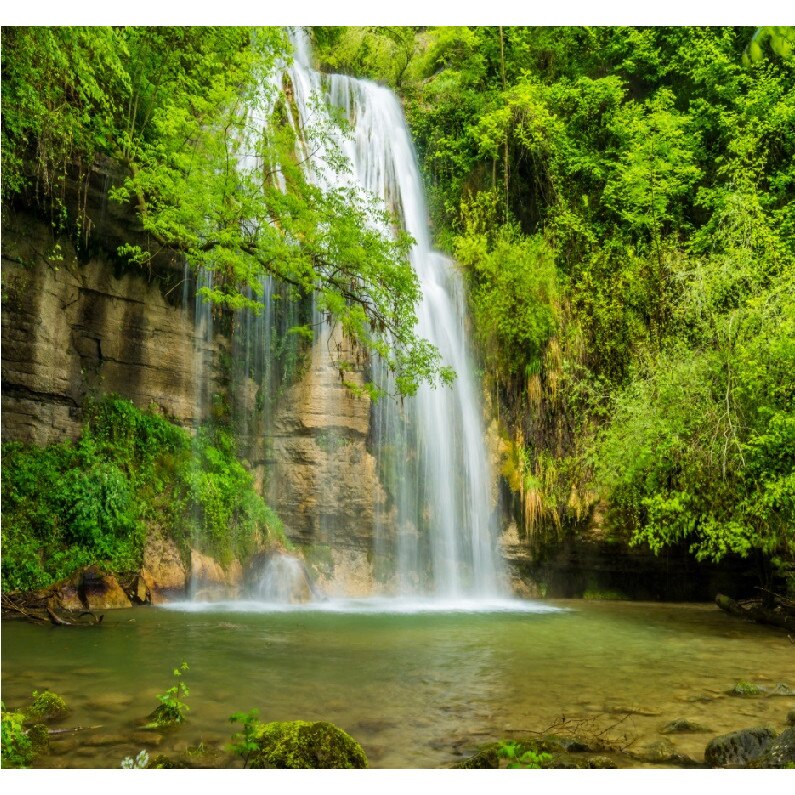 Fototapet de perete autoadeziv si lavabil Cascada alba din padurea verde 200 x 135 cm