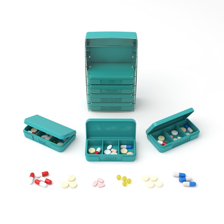 Set organizatoare pentru medicamente saptamanal, OrdiMedicus, 7 cutii, 40 x 70 x 120 mm