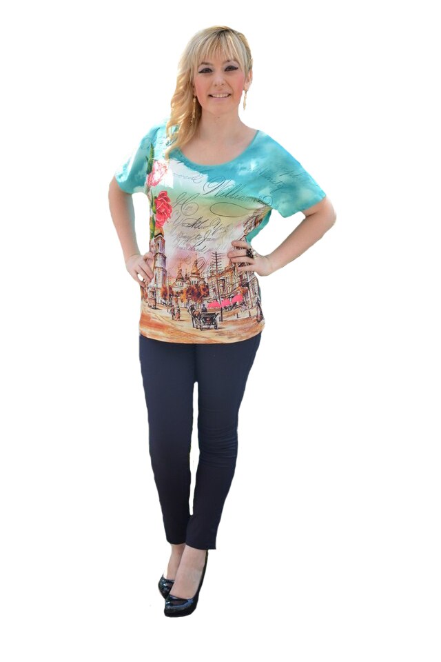Tricou cu maneca scurta, decolteu mic, D&J Exclussive, Turcoaz