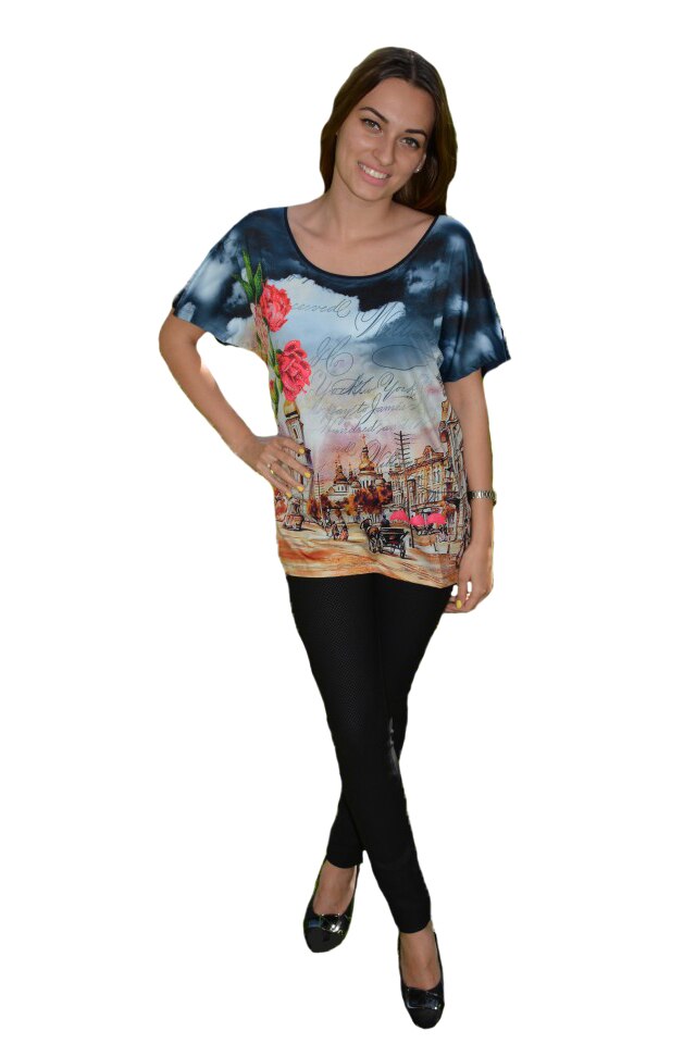 Tricou cu imprimeu multicolor si decolteu rotund, D&J Exclussive, Albastru marin