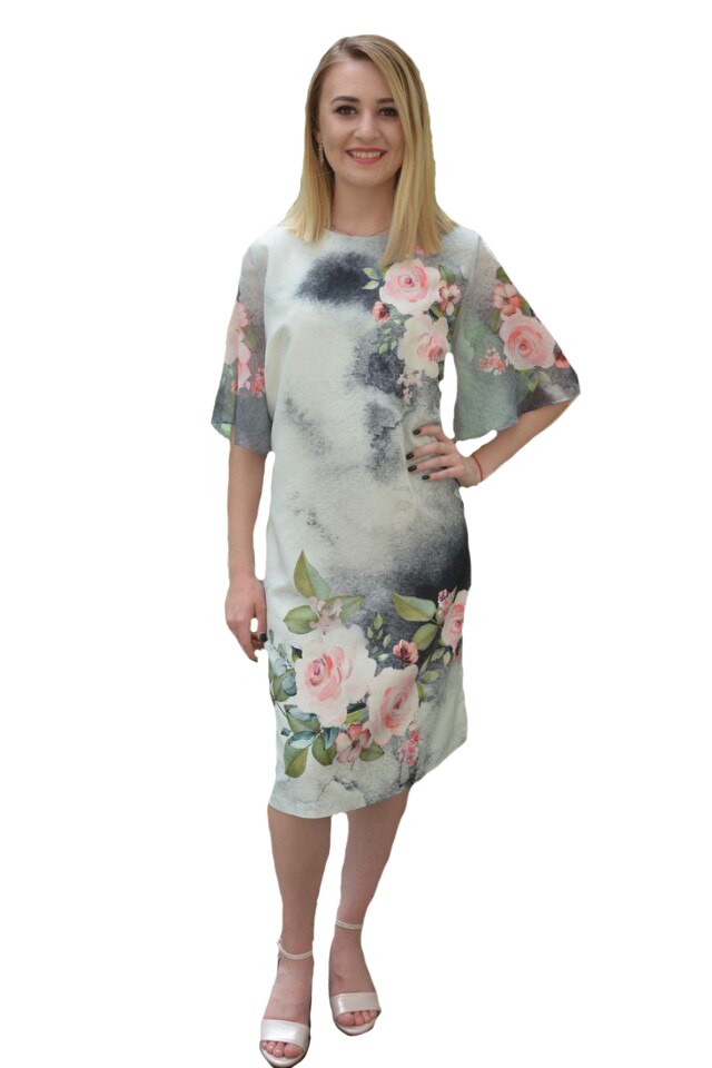 Rochie de zi Adnana,imprimeu floral, D&J Exclussive, Gri/Alb