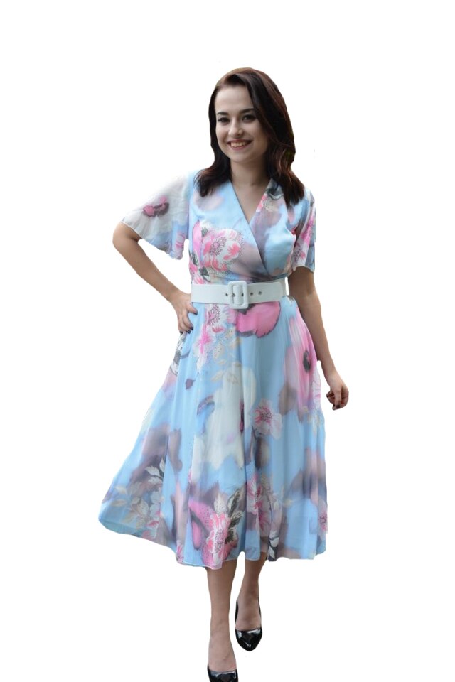 Rochie Naomi,imprimeu floral multicolor,D&J Exclussive, Albastru deschis