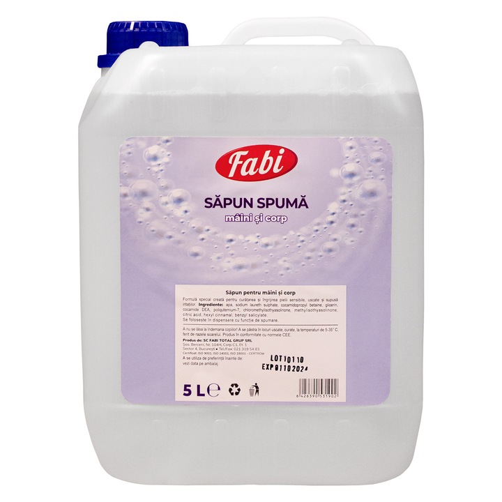 Sapun spuma, Fabi, 5L, special conceput pentru pielea sensibila, fara parabeni