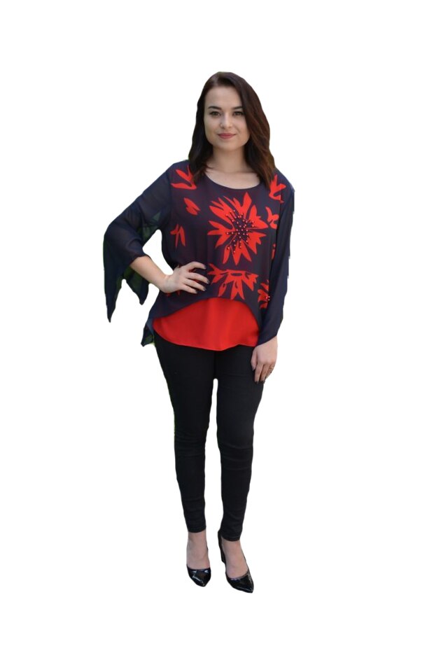Bluza Adriena de ocazie,model floral,D&J Exclussive, Bleumarin/Rosu