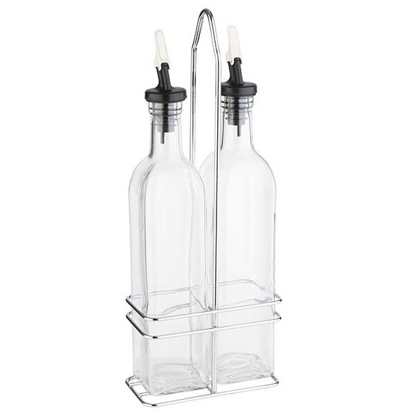 Oliviera din sticla cu picurator si inox, 2 piese si suport