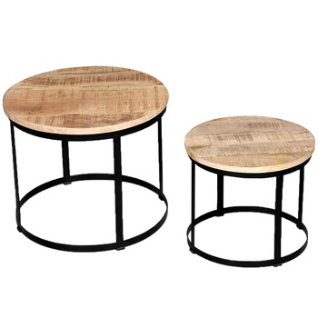 Set de 2 masute de cafea cu blat de lemn de mango si cadru de metal, vidaXL, Negru, 40cm/50 cm diametru Set de 2 masute de cafea cu blat de lemn de mango si cadru de metal, vidaXL, Negru, 40cm/50 cm diametru