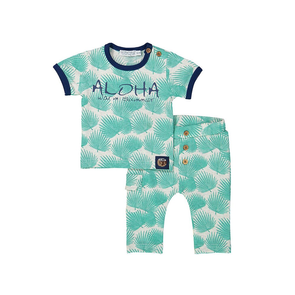 Set 2 piese bebelusi, tricou si pantaloni, Dirkje, cu imprimeu tropical, Verde/Gri, Gri/Verde