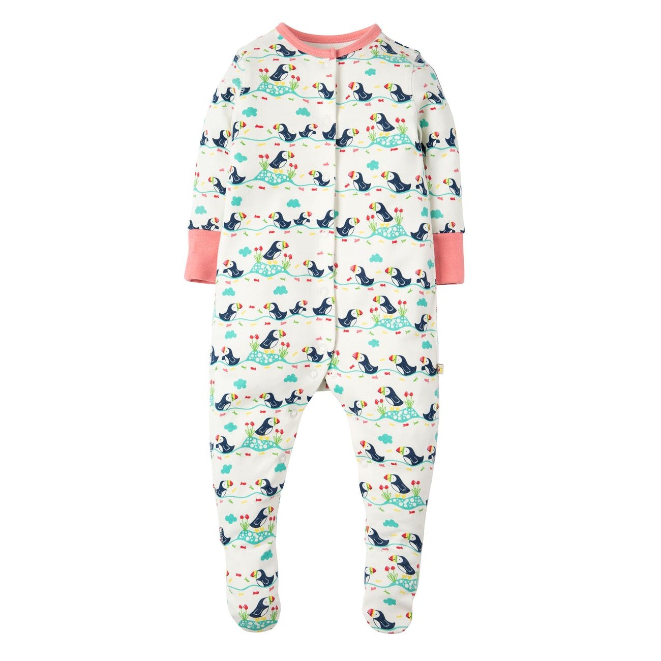 Salopeta, Soft White Puffin Parade, Frugi, bumbac organic, fete, 3-6 luni