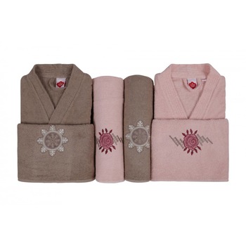 Set matrimonial 6 piese, 2 halate baie si 4 prosoape, bumbac, Cotton Box, Bej/Roz Pudra Set matrimonial 6 piese, 2 halate baie si 4 prosoape, bumbac, Cotton Box, Bej/Roz Pudra