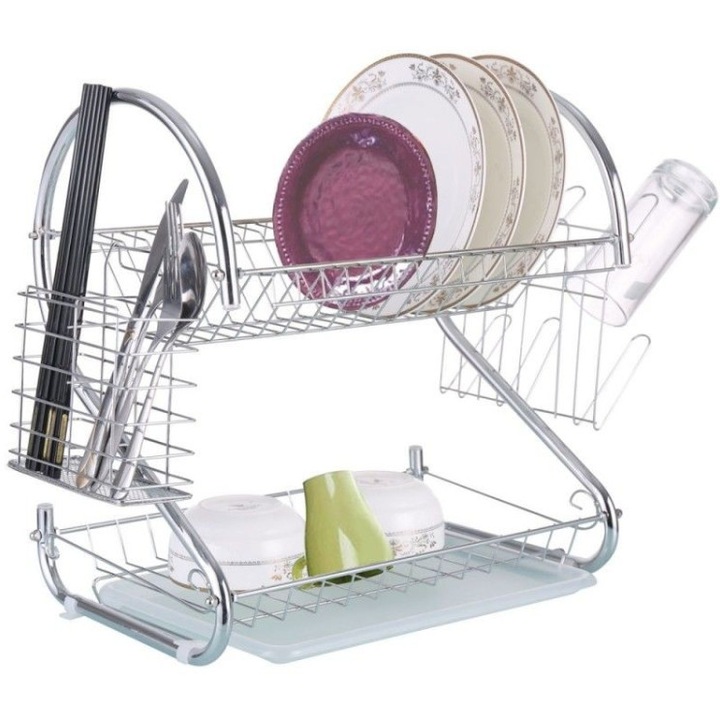 Uscator de vase cromat cu tava din plastic Bohmann, 2 etaje, suport pentru ustensile si suport pentru pahare